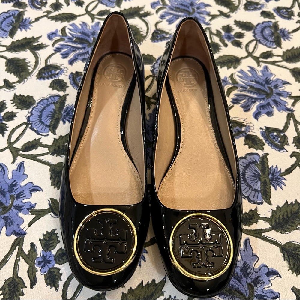 Tory Burch Black Patent Flats with Gold Logo